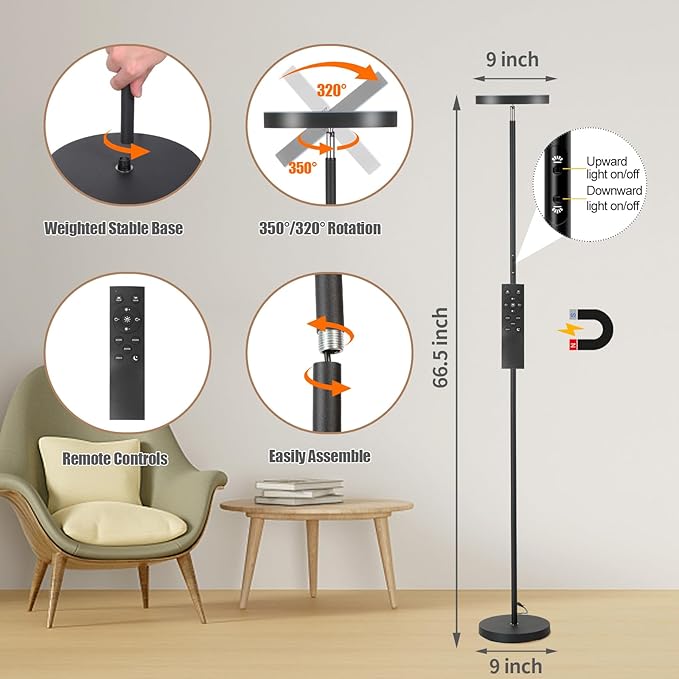 Floor Lamp, 36W/3000LM Super Bright LED Modern Tall Standing Lamp, 3 Color Temperatures Torchiere Sky Lamps, Dimmable Reading Light, Remote & Touch Control for Living Room, Bedroom, Office