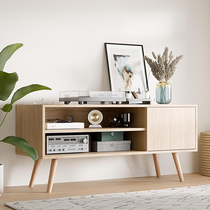 Cozy Castle TV Stand for 48 Inch TV, Mid Century Modern Entertainment Center with Storage Cabinet, TV Media Console with Charging Station for Living Room, Bedroom, Oak