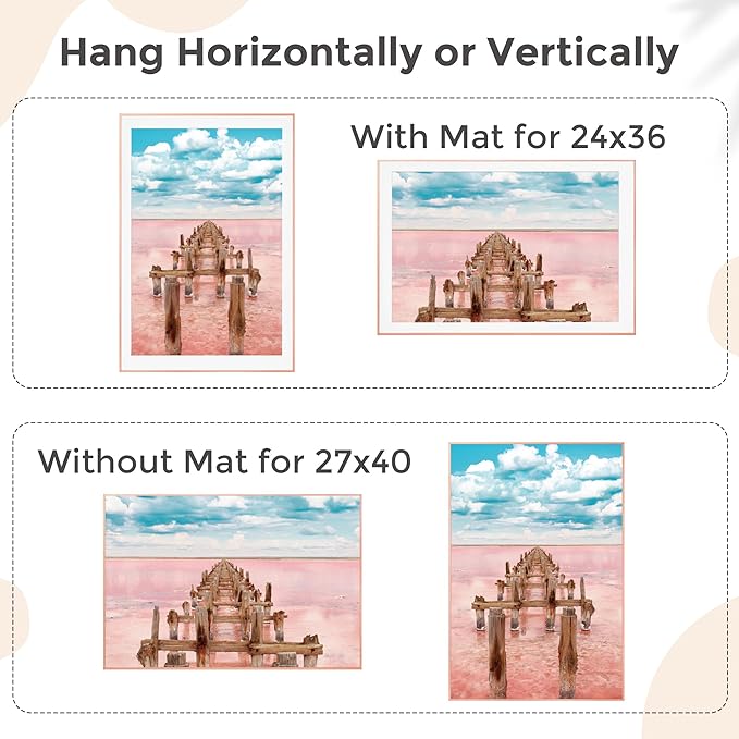 27x40 Metal Picture Frame For Wall With Mat For 24x36, 27''x40'' Aluminum Photo Frames With Tempered Glass For Home Decor, Minimalist Modern Poster Frame Horizontal And Vertical Formats, Rose Gold