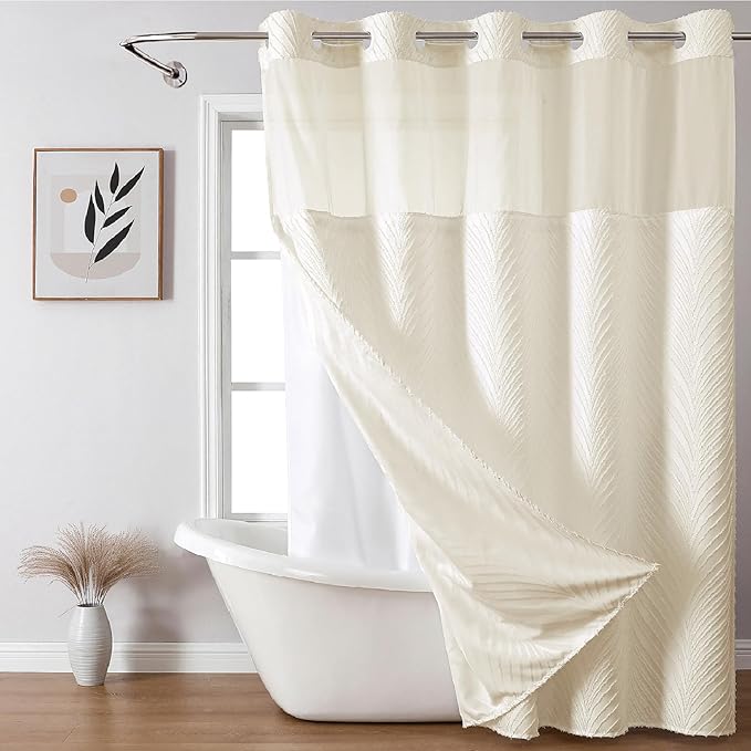 no Hook Shower Curtain and Liner Set，Boho Style with See Through Top Window, Cream Fabric Tufted Striped Textured Outer Curtain & Waterproof Inner Liner, Beige/Cream, 71Wx86H