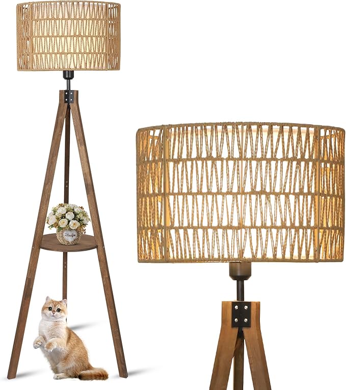 Boho Tripod Floor Lamps for Living Room, Rattan Wood Floor Lamp with Fabric Shades, Mid Century Standing Lamp with Shelf, Foot Switch, Modern Farmhouse Tall Lamps for Bedroom Office Brown