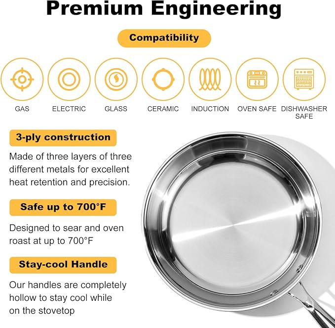 Stainless Steel Pan 10 Inch，Non-Toxic PFAS, PFOA & PTFE Free, Compatible With All Cooktops & Induction Safe, Oven Safe Pan for Searing & Sautéing, Long Lasting Cookware. (10 Inch)
