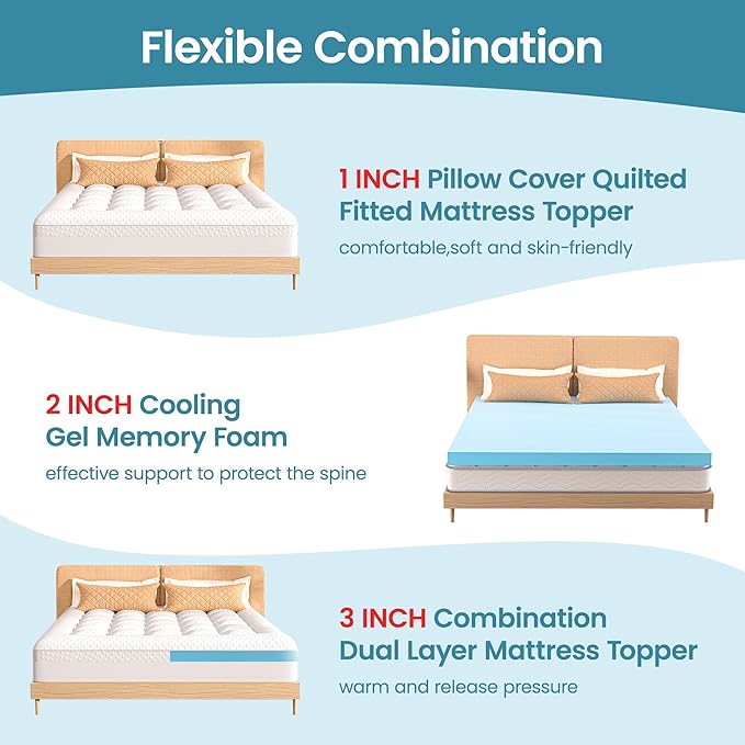 Mattress Topper Full Size, 3 Inch Full Mattress Topper Dual Layer, 1 Inch Pillow Topper and 2 Inch Cooling Gel Memory Foam Mattress Topper for Back Pain