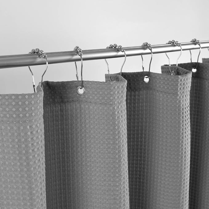 Waffle Weave Fabric Shower Curtain, Spa, Hotel Luxury, Gray Pique Pattern, 71 x 72 Inches Decorative Bathroom Curtain