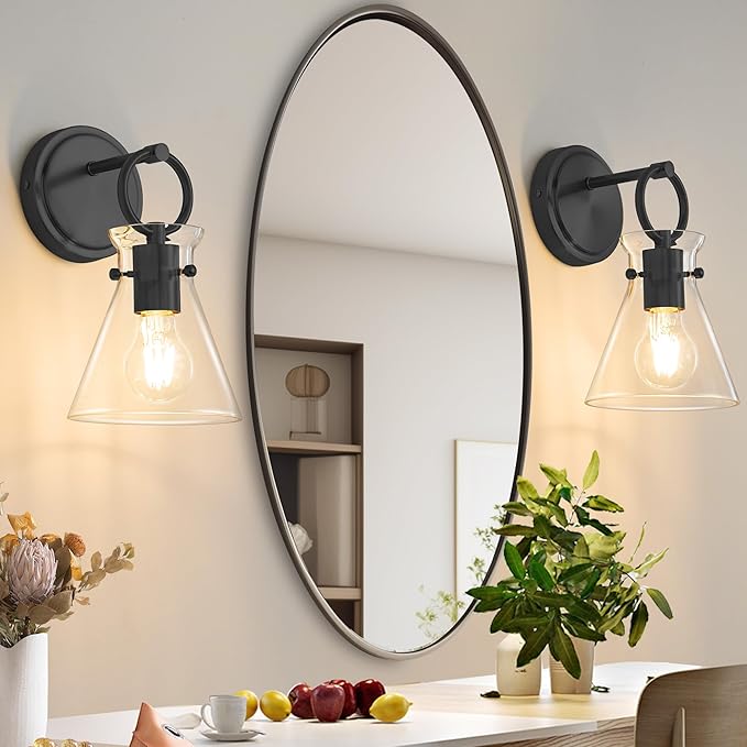 Wall Sconces Set of 2 Modern Vanity Light Fixtures for Bathroom Black Wall Mount Lighting Lamp Hardwired Farmhouse Wall Lights with 6 Inch Clear Glass Shade for Bedroom Living Room Mirror