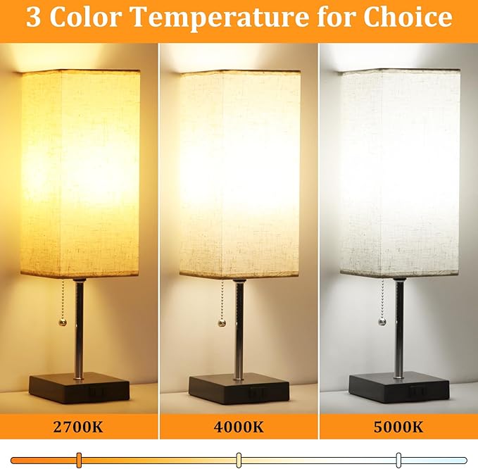 Table Lamp for Bedroom set of 2,3-Color Bedside Lamps with Pull Chain Table Lamps for Nightstand with AC Outlets,18'' Night Light Lamps with 2 Bulb Lamps for Living Room Kids Office Decor（Black+Cream）