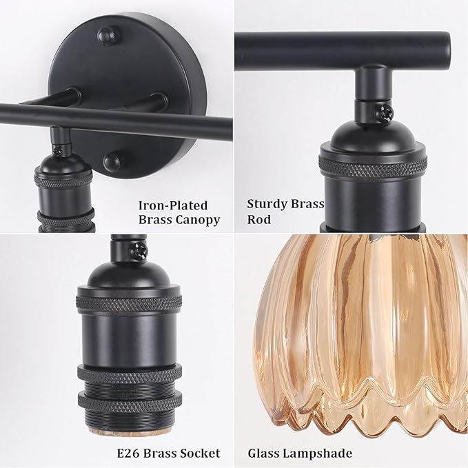Bathroom Light Fixtures, 3-Light Black Vanity Wall Light Over Mirror with Amber Tulip Glass Shade for Bedroom Living Room