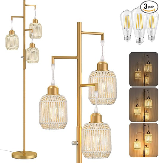 ROTTOGOON Dimmable Boho Floor Lamp - 3 Light Farmhouse Rattan Floor Lamp for Living Room, Industrial Tree Floor Lamps with 3 X 6W LED Bulbs, Rustic Standing Tall Lamp for Bedroom, 68", White