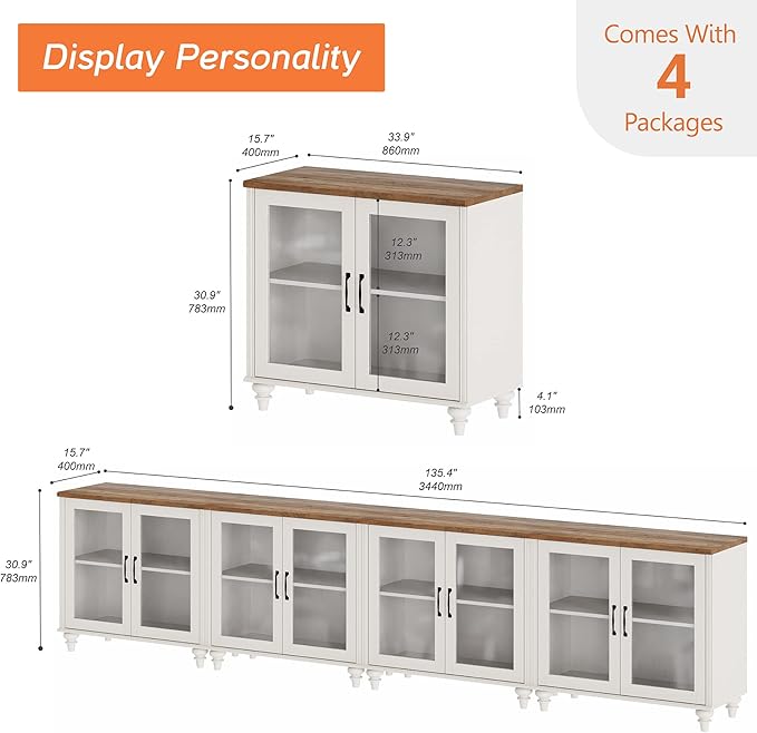 WAMPAT Large TV Stand for TVs up to 100 Inch, Entertainment Center Cabinet for 75/80/85/90 Inch, 4-in-1 Buffet Cabinet With Glass Door for Dining Room & Living Room, White