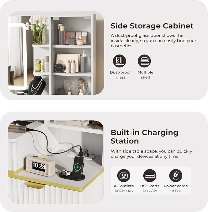 Vanity Desk with Mirror and Lights, Fluted Makeup Vanity with Glass top, 48" Big Modern Vanity with 5 Drawers & Glass Cabinet, White Vanity with 3 Lighting Modes for Bedroom
