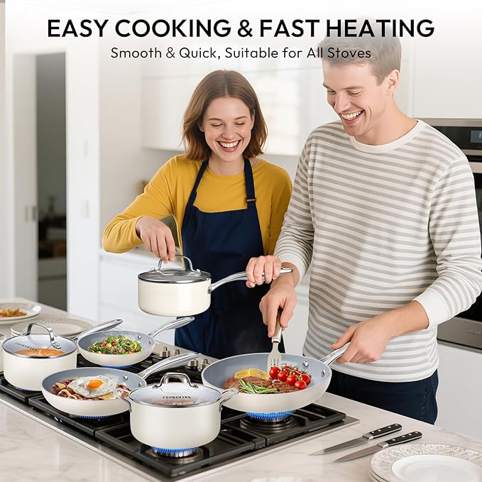 10-Piece Ceramic Nonstick Cookware Set - PFOA-Free Pots and Pans with Glass Lids, Healthy Cooking Easy Clean, Induction Compatible & Oven Safe, Includes Frying Pan, Saucepan, Stockpot - Cream White