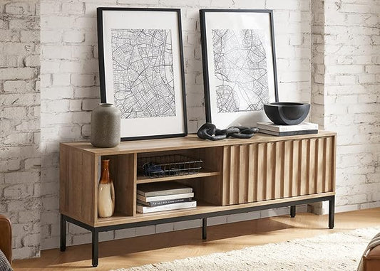mopio Norwin TV Stand, Rustic Modern Industrial Television Stand for 60/65/70 inch TV, Fluted Entertainment Center with Storage, Wood Media Console Credenza Cabinet Table for Living Room (Oak 64")