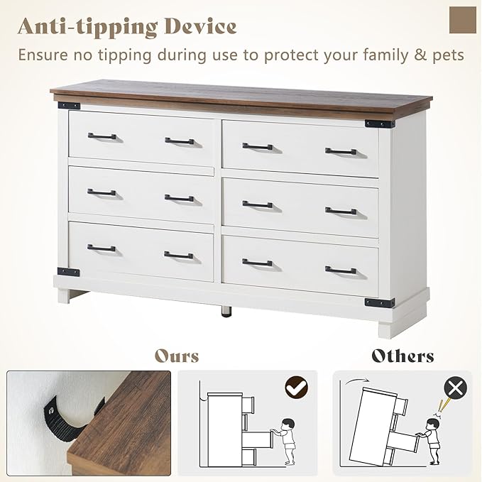 AMERLIFE Farmhouse 6 Drawers Dresser Chests for Bedroom, Wood Large Chest of Drawers/w Thick Plank Styling, Rustic Heavy Duty Closet Storage Dresser Organizer, Living Room, Hallway, Antique White