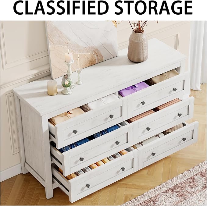 Farmhouse 6 Drawer Dresser, Wood Rustic Chest of Drawers for Bedroom, Closet Storage Dressers Organizer, 6 Drawers Chest for Living Room, Hallway, Rustic White