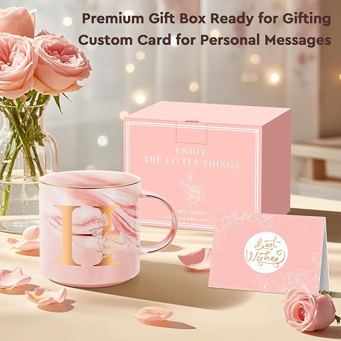 Personalized Gifts for Women Coffee Mug, Initial Customized Gift Monogrammed A-Z Coffee Mug 12 OZ, Christmas Anniversary Birthday Gifts for Women Mom Grandma Friend Sister Wife(H)