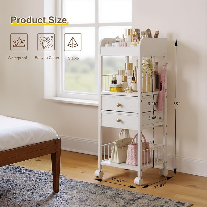 Floor Makeup Organizer with Lockable Wheels & 8 Dividers, 2-Drawer Rolling Skincare Cart for Cosmetics/Perfume/Nail Polish, Mobile Vanity Storage - White (Bathroom/Bedroom Use)