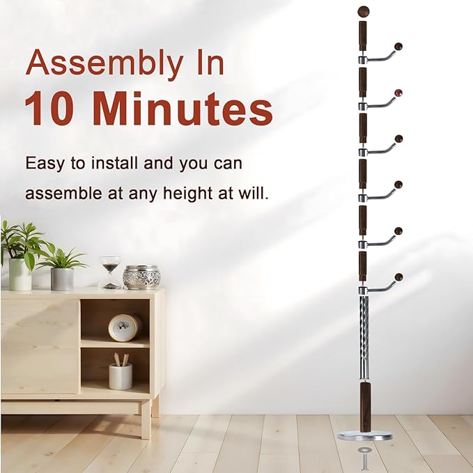 Coat Racks Freestanding, Natural Wood Coat Stands with 6 Hooks, 68" Heavy Duty Adjustable Height Vintage Hall Tree for Entryway, Bedroom, Office, Easy Assembly (Walnut Metal Hook)