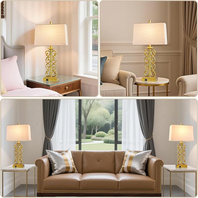 25" Modern Touch Resin Table Lamps Set of 2 for Living Room Bedroom, 3-Way Dimmable with Dual USB Ports, Vintage Nightstand Lamp for Home Office Hotel, 2 Bulbs Included (Gold)