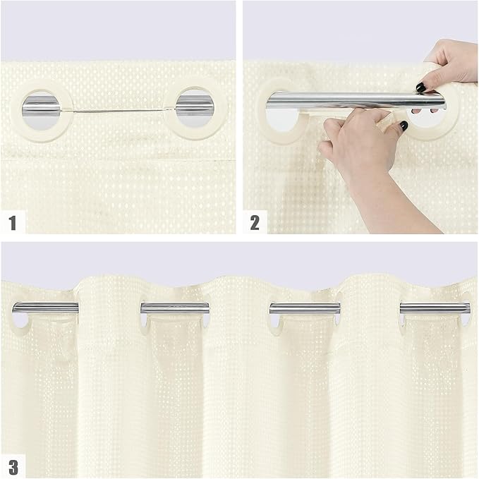 MitoVilla No Hooks Needed Ivory Waffle Shower Curtain with Snap-in Liner, Modern Waffle Weave Heavy Duty Fabric Cloth Shower Curtain for Luxury Neutral Hotel Spa Bathroom Decor, 72 x 74, Ivory/Beige