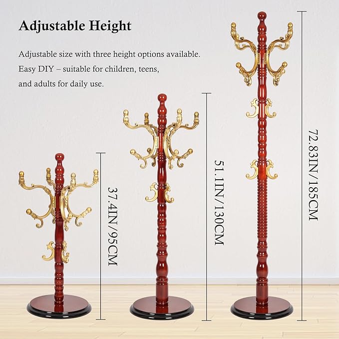 Coat Rack Stand, Solid Wooden Coat Tree with 14 Hooks, Heavy Duty Coat Rack Freestanding with Sturdy Round Base, Natural Birch Wood Coat Hanger Stand for Entryway Bedroom (Begonia)