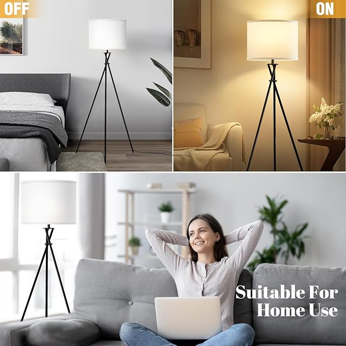 Floor Lamp for Living Room, 61'' Modern Tripod Floor Lamps with White Shade & Rotary Switch, Black Floor lamp for Bedroom, Office, Simple Design Lamp