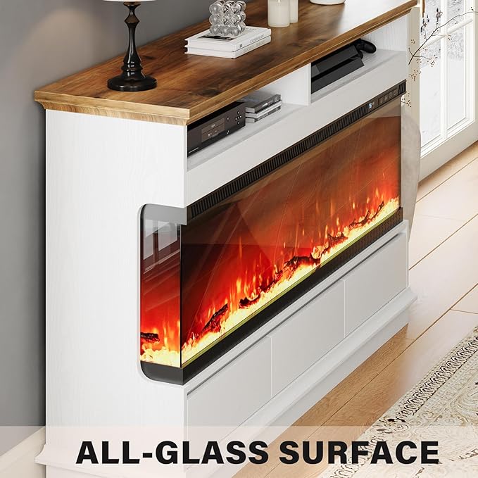 4 EVER WINNER Fireplace TV Stand with 50" Electric Fireplace, Fireplace Entertainment Center with 3-Side Glass Insert, 3 Drawers, TV Stands for Living Room, White