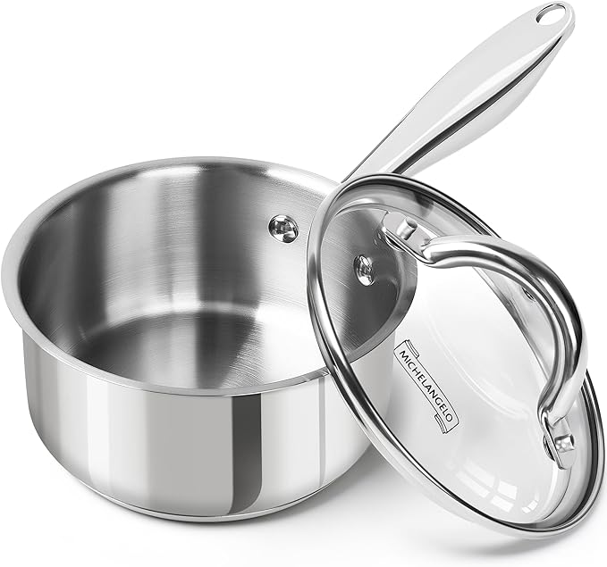 MICHELANGELO 1.5 QT Saucepan with Lid, 18/10 Stainless Steel Sauce Pan with Tri-Ply Bottom, Small Saucepan 1.5 Quart Sauce Pot, Induction Compatible