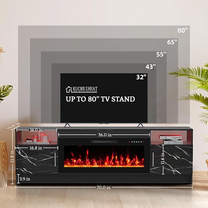 70'' TV Stand with Fireplace-Marble Black Entertainment Center for 75+ inch TV- TV Cabinet with LED Light, Storage, High Glossy Door, Modern TV Console for Living Room