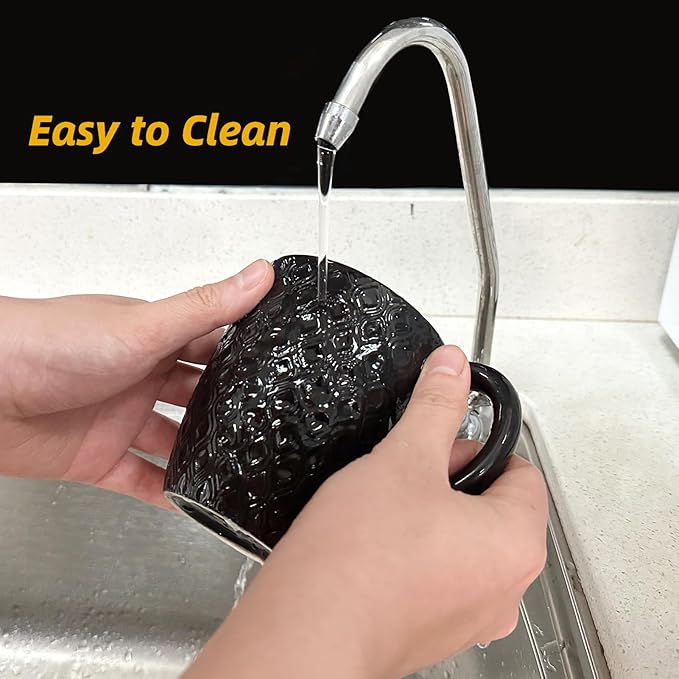 Schliersee 12 OZ Black Ceramic Coffee Mugs Set 6, Stylish Embossed 6 Patterns Coffee Cups Set for Coffee, Tea, Milk, Cocoa, Cereal, Water, Microwave Safe