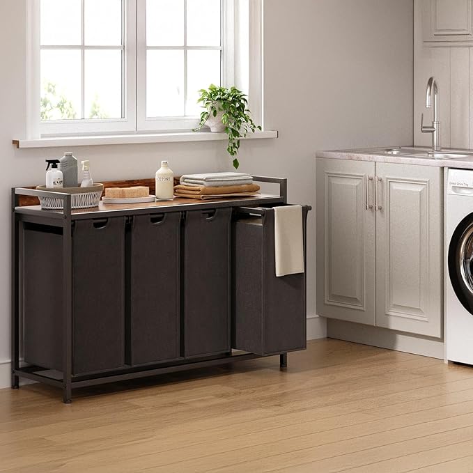 Laundry Hamper with Shelf, Laundry Basket 4 Section, Laundry Sorter with Pull-Out Removable Large Bags and Movable Wheels, Metal Frame, 4 x 15.87 Gallons (60L), Rustic Brown + Blck PF07XLY