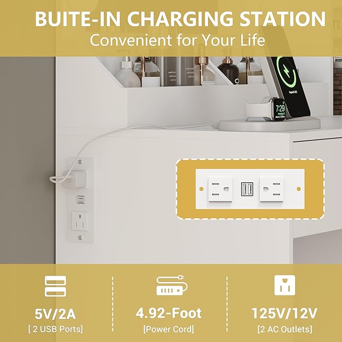 Vanity Desk with Mirror and Lights, Small Makeup Vanity Table with RGB Storage Cabinet & Power Strips & Shelves, 3 Lighting Modes & Adjustable Brightness, Dressing Table for Women Girls Bedroom, White