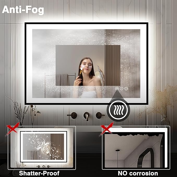 44x30 Bathroom Light up Mirror, Black Double Bright Lights, Anti-Fog Vanity Mirror with Lights, Stepless Dimmable Illuminated Mirror, Touch Control, Waterproof (Horizontal/Vertical)