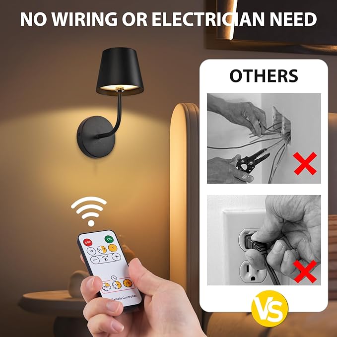 LED Wireless Wall Lamp Set of 2, with 5600mAh Rechargeable Battery Powered Wall Sconces, Touch for Remote Control Infinite Dimming Be Used for Bedroom Mirror Living Room Wall Painting (Black)