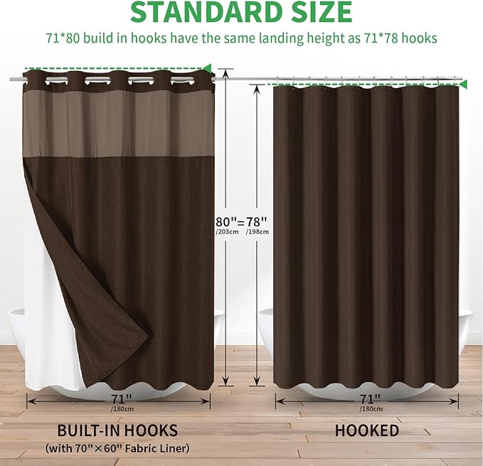 Long No Hooks Needed Linen Textured Shower Curtain with Snap-in Fabric Liner Set,Hotel Luxury Decor Shower Curtains for Bathroom,Waterproof & Washable,71Wx80H,Brown