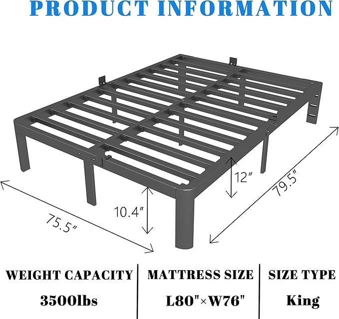 12 Inch King Size Bed Frame with Metal Gaskets, Black Bed Frame King Platform No Box Spring Needed, Heavy Duty Steel Support, Round Corner Design, Reserved Holes, Storage Space, Noiseless