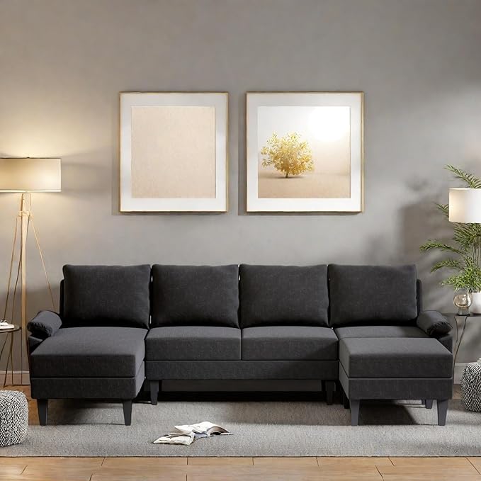 115 Inch U Shaped Sectional Couch with Chaise, 5-Seat Sofa with Moveable Ottoman, Modern Modular Sofa for Living Room, Apartment, Black