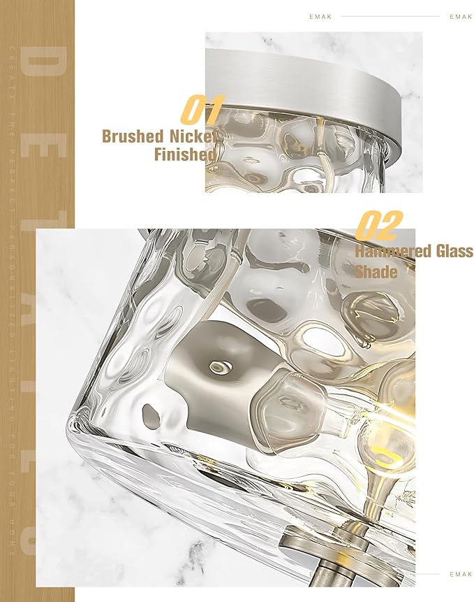 Emak Brushed Nickel Flush Mount Ceiling Light Fixture, Modern 11 inch Hallway Light Fixtures with Hammered Glass Shade, 2-Light Ceiling Lights for Bedroom, Bathroom, Hallway, Kitchen, FM082-BN-HG