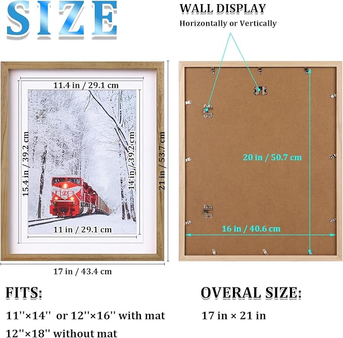 Egofine 16x20 Picture Frame, Made of Solid Wood Covered by Plexiglass 11x14/12x16 with Mat 16x20 without Mat, Poster Frame for Wall Mounting Photo Vertically or Horizontally, Carbonized Brown