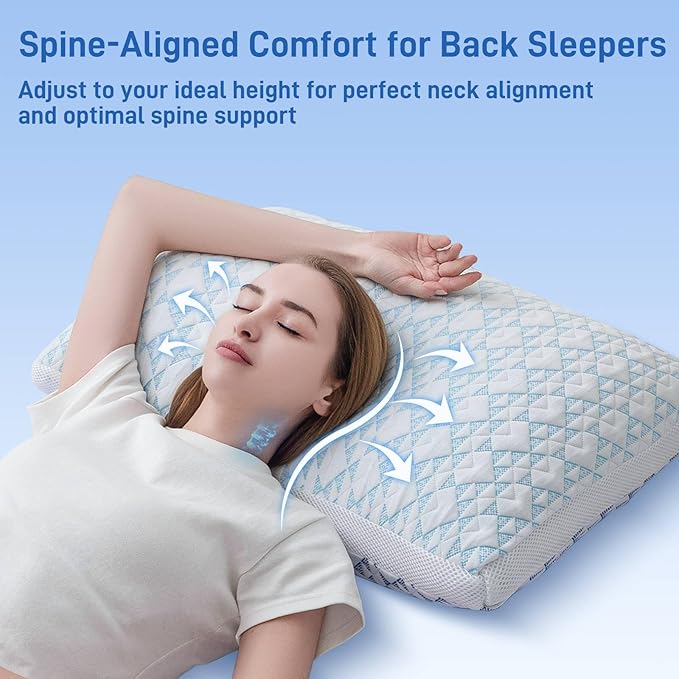 Shredded Memory Foam Cooling Soft Bamboo Viscose Pillow Queen Size, Adjustable Hypoallergenic Hotel Quality Bed Pillow for Stomach, Back and Side Sleeper, Oeko-TEX Certified