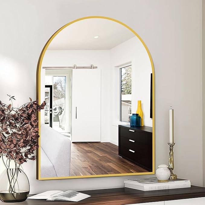 FICTOR Bathroom Vanity Mirror for Wall,40”x30” Large Arched Metal Framed Bathroom Mirror for Over Sink, Entryway, Living Room,Bedroom(Gold)