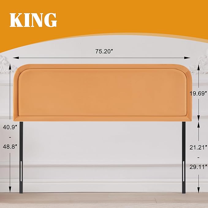 Velvet Fabric Headboard for King Size Bed, Upholstered King Headboard Only, Dorm Headboards from 41” to 49” Height, Sturdy and Durable Solid Wood Bed Head Board, Orange