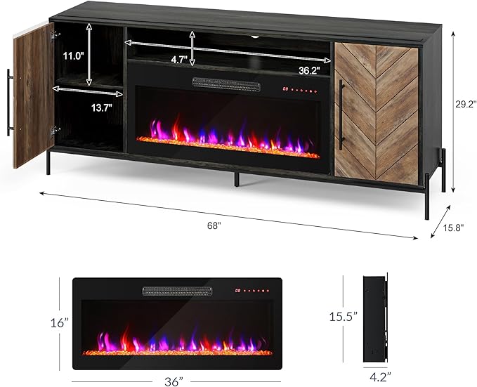 BELLEZE 68" TV Stand with 36" Electric Fireplace Heater, Entertainment Center with Storage Cabinet, Console Table for TVs up to 75" for Living Room, Bedroom - Harper (Black Ebony)