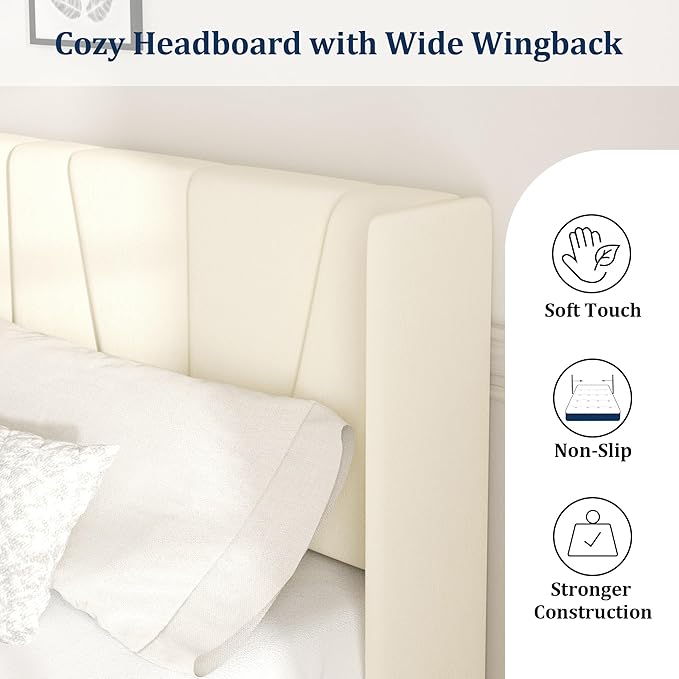 Queen Bed Frame with Headboard and Wingback, Velvet Upholstered Platform Bed, Mattress Foundation with Wooden Slat Support, No Box Spring Needed, Easy Assembly, Noise Free, Beige