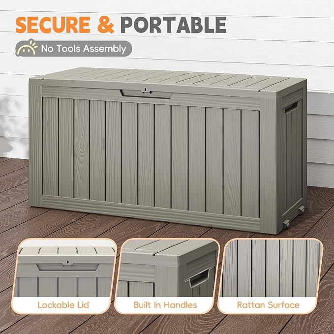 Outdoor Storage Box, 72 Gallon Waterproof Resin Deck Box, Storage Bin for Package Delivery, Patio Furniture Cushion, Garden Tools, Pool Accessories, Weatherproof and UV Resistant, Grey