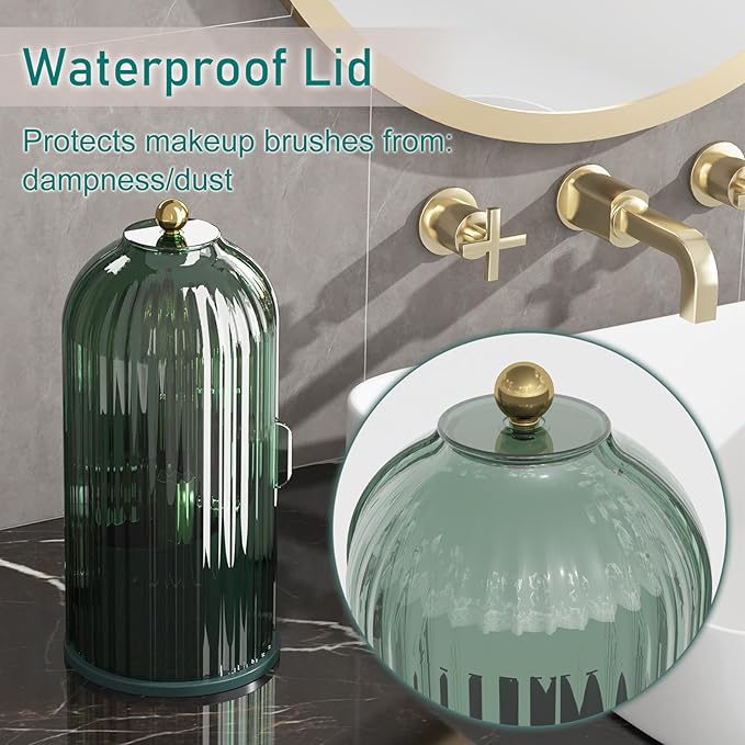 GAXmi Makeup Brush Holder with Lid Cosmetic Tools Organizer 360 Rotating Waterproof Dustproof Beauty Brushes Storage for Vanity, All Green