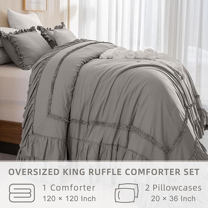 QSH Grey Oversized King Comforter Set 120x120, Farmhouse Ruffled Bed Comforter Gray French Country Rustic Vintage Comforter Microfiber Soft Lightweight Fluffy Shabby Bedding 3 PCs