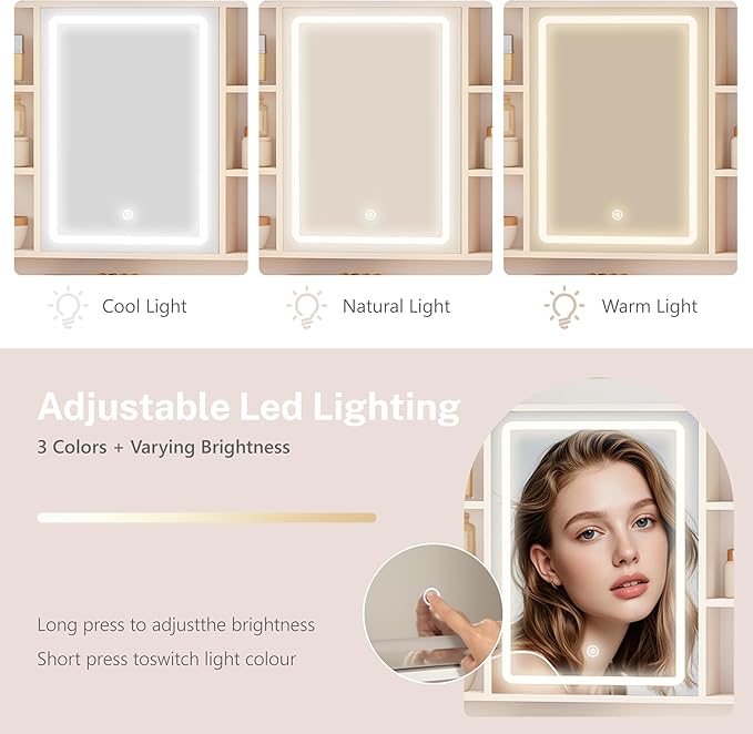 39.3'' Vanity Desk with HD Mirror and Lights, Makeup Vanity with Power Strip, DressingTable with Bedside Table, 3 Drawers and 9 Storage Shelves, Storage Behind The Mirror, White