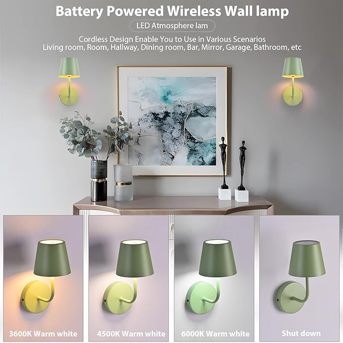 LED Wireless Wall Lamp Set of 2, with 5600mAh Rechargeable Battery Powered Wall Sconces, Touch for Remote Control Infinite Dimming Be Used for Bedroom Mirror Living Room Wall Painting(Green)