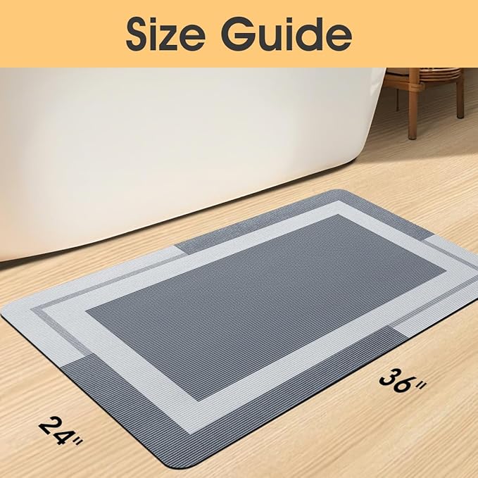 ACCUMTEK Ultra Thin Bath Mats Fit Under Door, Upgrade Backing Non Slip Bath Mat, Quick Dry Ultra Absorbent Bath Mat, Machine Washable Bathroom Rugs for Bathroom Floor, Bathtub, Kitchen, Grey, 36"x24"