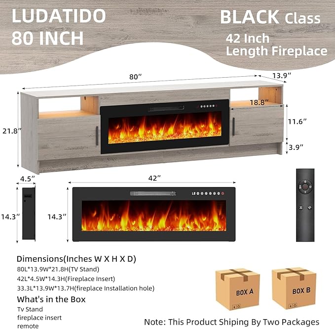 Ludatido 80 Inch TV Stand with 42 inch Electric Fireplace 27 LED Light Entertainment Center for TVs Up to 90" Black Modern Wood Media TV Console with Highlight Cabinet for Living Room Black
